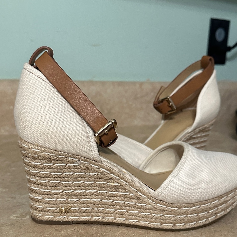 Michael Kors Cream and Tan Wedge Espadrilles